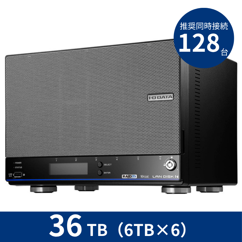 HDL6-HB36／36TB 推奨同時接続台数～128台 6ドライブNAS（6TB×6）